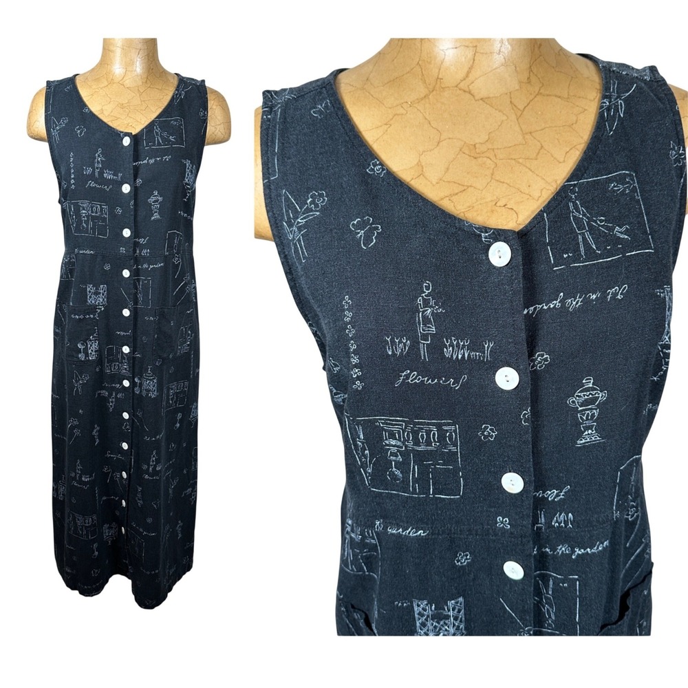 Erika Petite Black Linen Blend Gardening Sketch Button Front‎ Midi Shift Dress